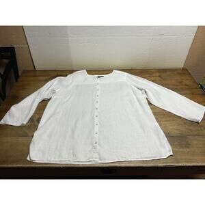 Tahari 100% Linen Button Front Tunic Size 2X Long Sleeve Roll Tab Solid White